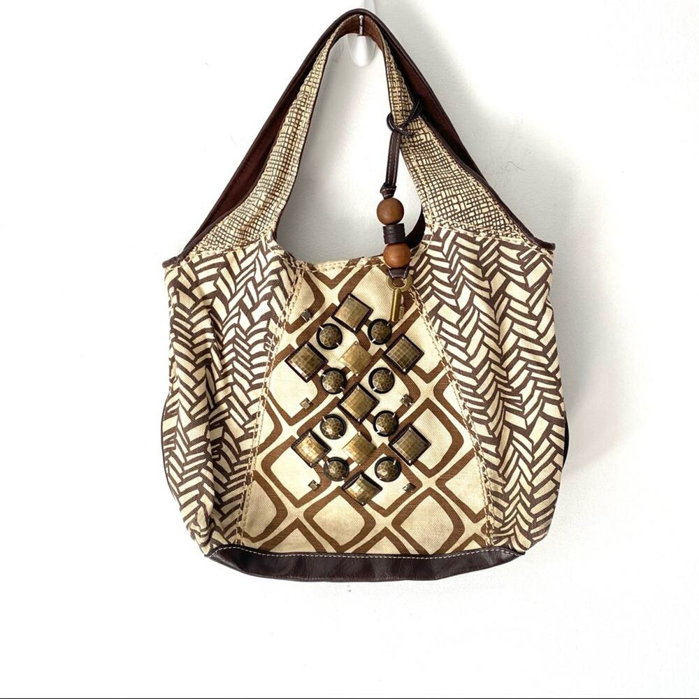 Fossil Brown Tan Canvas Embellished Purse